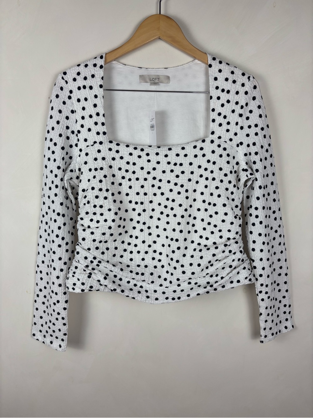 LOFT Polka Dot Square Neck Ruched Long Sleeve Blouse L NWT